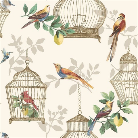 Audubon Cute Birds & Cages Cream Wallpaper