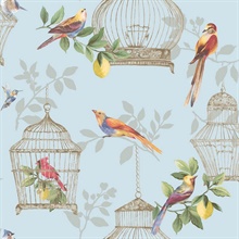 Audubon Cute Birds & Cages Light Blue Wallpaper