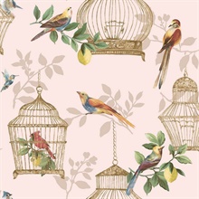 Audubon Cute Birds &amp; Cages Pink Wallpaper
