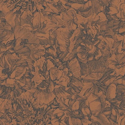 Auguste Copper Double Hibiscus Floral Wallpaper