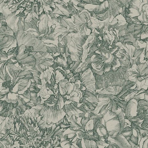 Auguste Green Double Hibiscus Floral Wallpaper