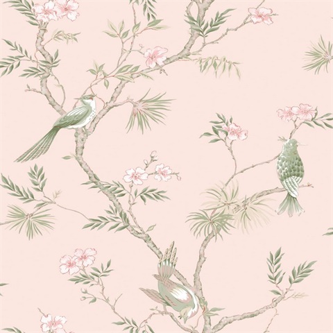 Baby Pink Classic Bird & Branches Trail Wallpaper