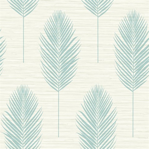 Bali Aqua Textured Block Print Palm Fern Faux Grasscloth Wallpaper