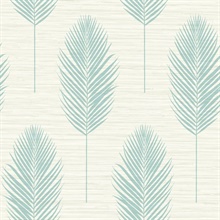 Bali Aqua Textured Block Print Palm Fern Faux Grasscloth Wallpaper