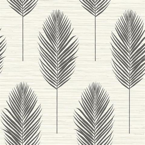 Bali Black Textured Block Print Palm Fern Faux Grasscloth Wallpaper