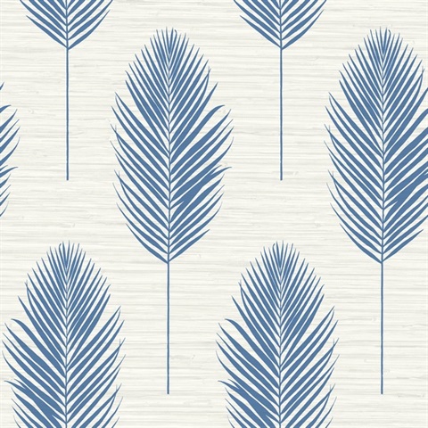 Bali Blue Textured Block Print Palm Fern Faux Grasscloth Wallpaper