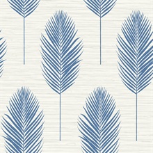 Bali Blue Textured Block Print Palm Fern Faux Grasscloth Wallpaper