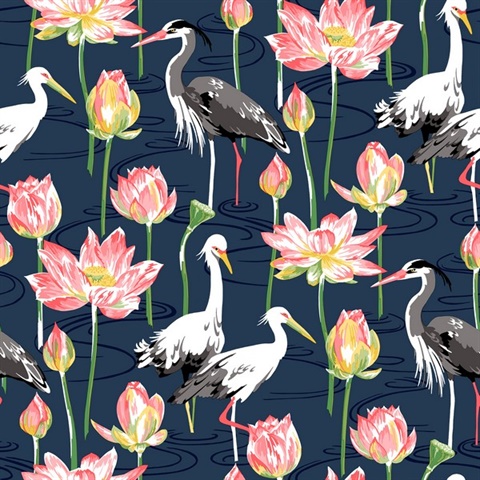 Barton Navy Blue Heron Bird & Floral Wallpaper