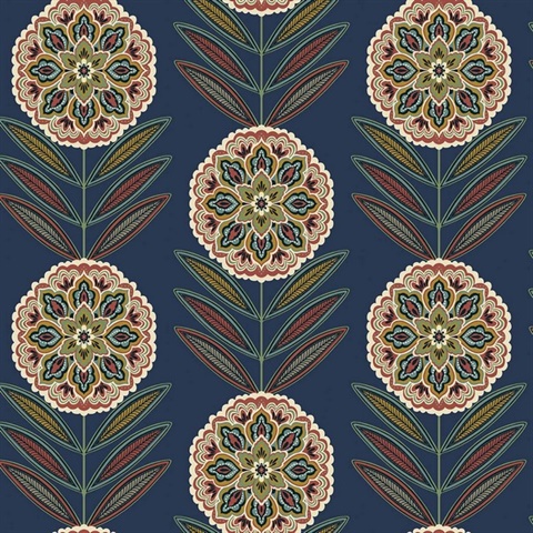 Batsford Dark Blue Floral Medallion Wallpaper