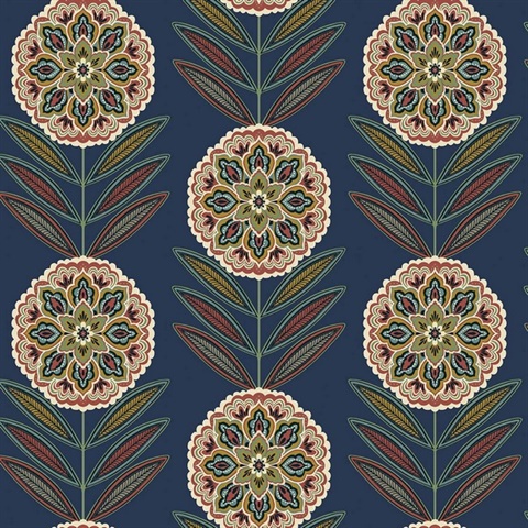 Batsford Dark Blue Floral Medallion Wallpaper