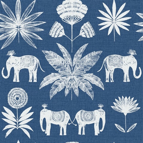 Bazaar Blue Elephant Oasis Wallpaper