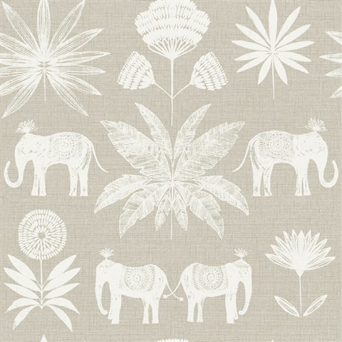 Bazaar Light Grey Elephant Oasis Wallpaper