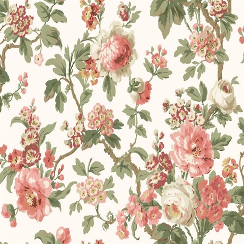 Beatrix Coral Vintage Floral Wallpaper
