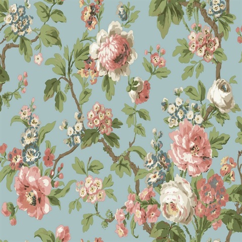 Beatrix Sky Blue Vintage Floral Wallpaper