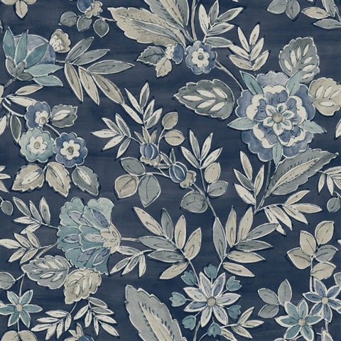 Begonia Indigo Blue Floral Trail Wallpaper