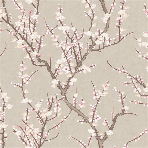 Beige Cherry Blossom Large Print Tree Wallpaper