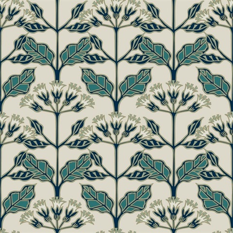 Beige & Dark Green Tracery Blooms Wallpaper