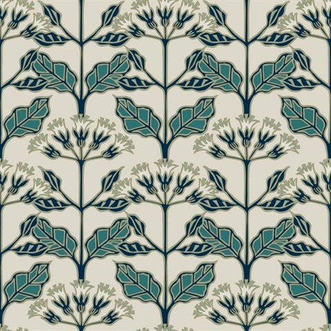 Beige & Dark Green Tracery Blooms Wallpaper