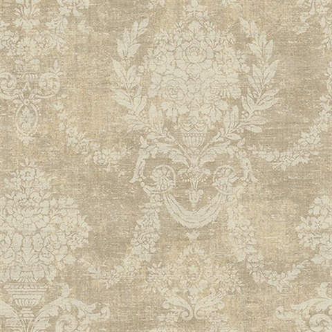 Beige Distressed Damask Wallpaper