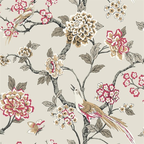 Beige Fanciful Floral Bird on Branch Wallpaper