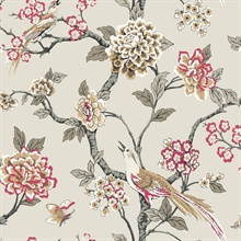 Beige Fanciful Floral Bird on Branch Wallpaper