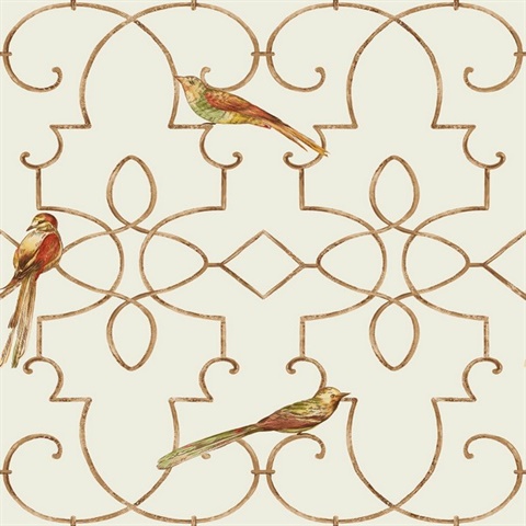 Beige & Gold Commercial Ironwork with Birds Wallpaper
