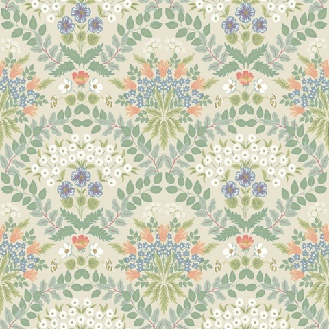 Beige & Green Bramble Abtract Floral Leaf Wallpaper