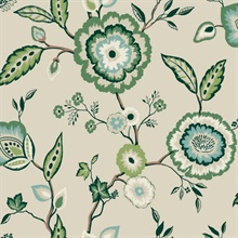 Beige & Green Dahlia Blooms Paisley Wallpaper