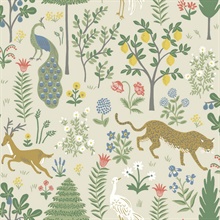 Beige &amp; Green Menagerie Animal Forest Themed Wallpaper