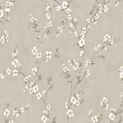 Beige, Grey & White Commercial Apple Blossoms Wallpaper