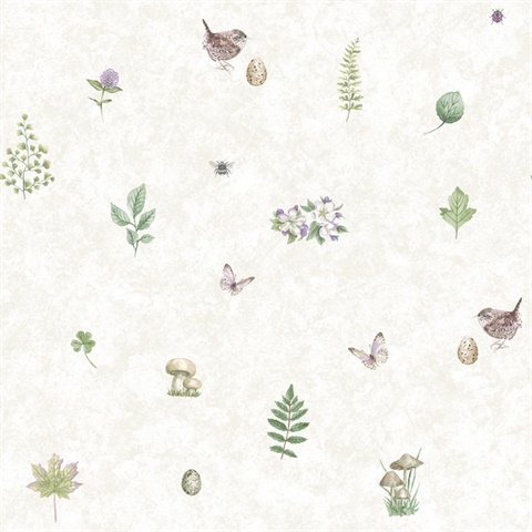 Beige Meadow Birds, Flowers, Butterflies & Beeds Spot Wallpaper