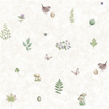 Beige Meadow Birds, Flowers, Butterflies & Beeds Spot Wallpaper