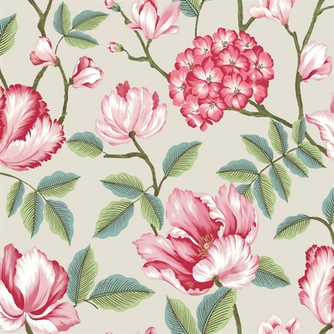 Beige Morning Garden Tulip & Hydrangea Floral Wallpaper