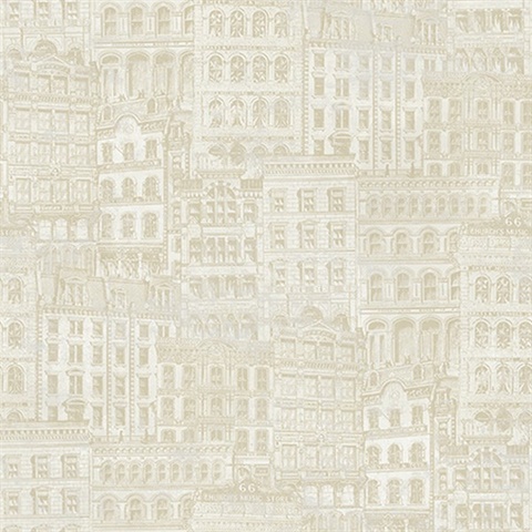 Beige Old Boston City Houses Wallpaper