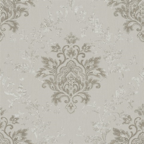 Beige Ornamental Distressed Textured Large Damask Wallpaper