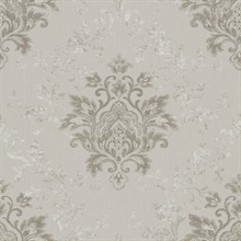 Beige Ornamental Distressed Textured Large Damask Wallpaper