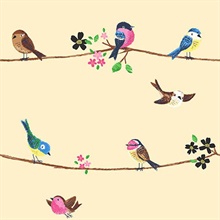 Beige Sweet Tweet Cute Bird's On A Wire Wallpaper