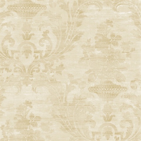 Beige Weathered Linen Damask Wallpaper