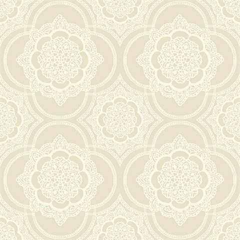 Beige & White Commercial Lace Doily Medallion Wallpaper