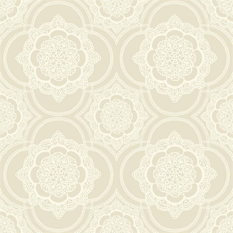Beige & White Commercial Lace Doily Medallion Wallpaper