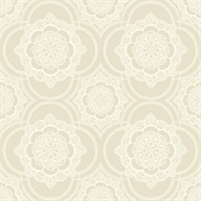 Beige & White Commercial Lace Doily Medallion Wallpaper