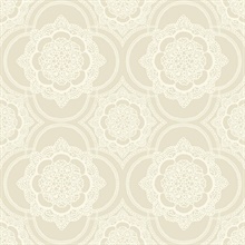 Beige & White Commercial Lace Doily Medallion Wallpaper