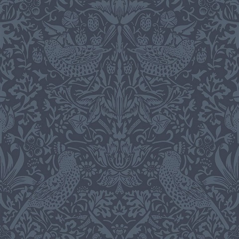 Bird & Berry Floral Toile Blue & Dark Blue Wallpaper