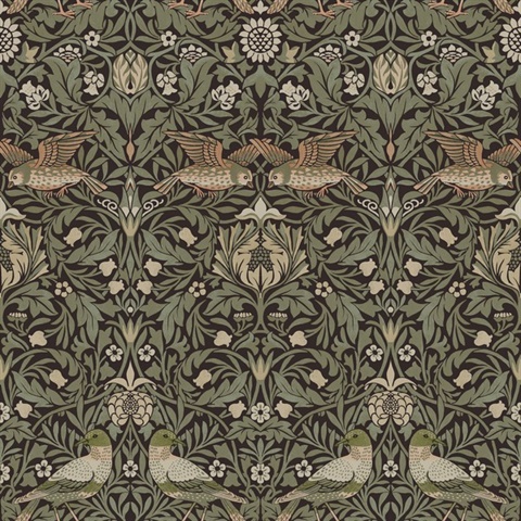 Bird Brown Floral Thicket Wallpaper