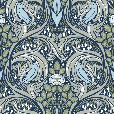 Bird Ogee Navy & Fern Green Peel and Stick Wallpaper