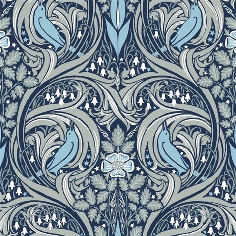 Bird Ogee Navy & Sky Blue Peel and Stick Wallpaper