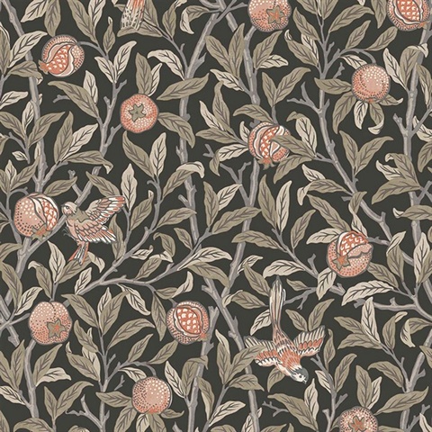 Bird & Pomegranate Charcoal Black Wallpaper