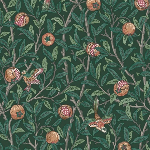 Bird & Pomegranate Deep Green Wallpaper