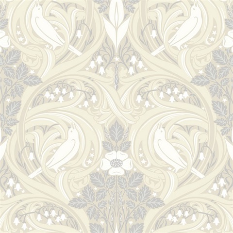 Bird Scroll Floral & Leaf  Beige Wallpaper
