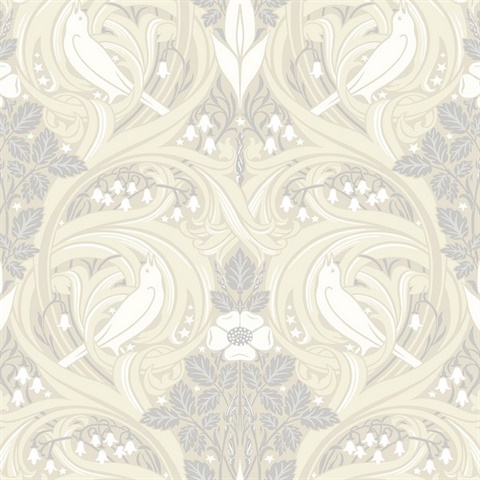 Bird Scroll Floral & Leaf  Beige Wallpaper